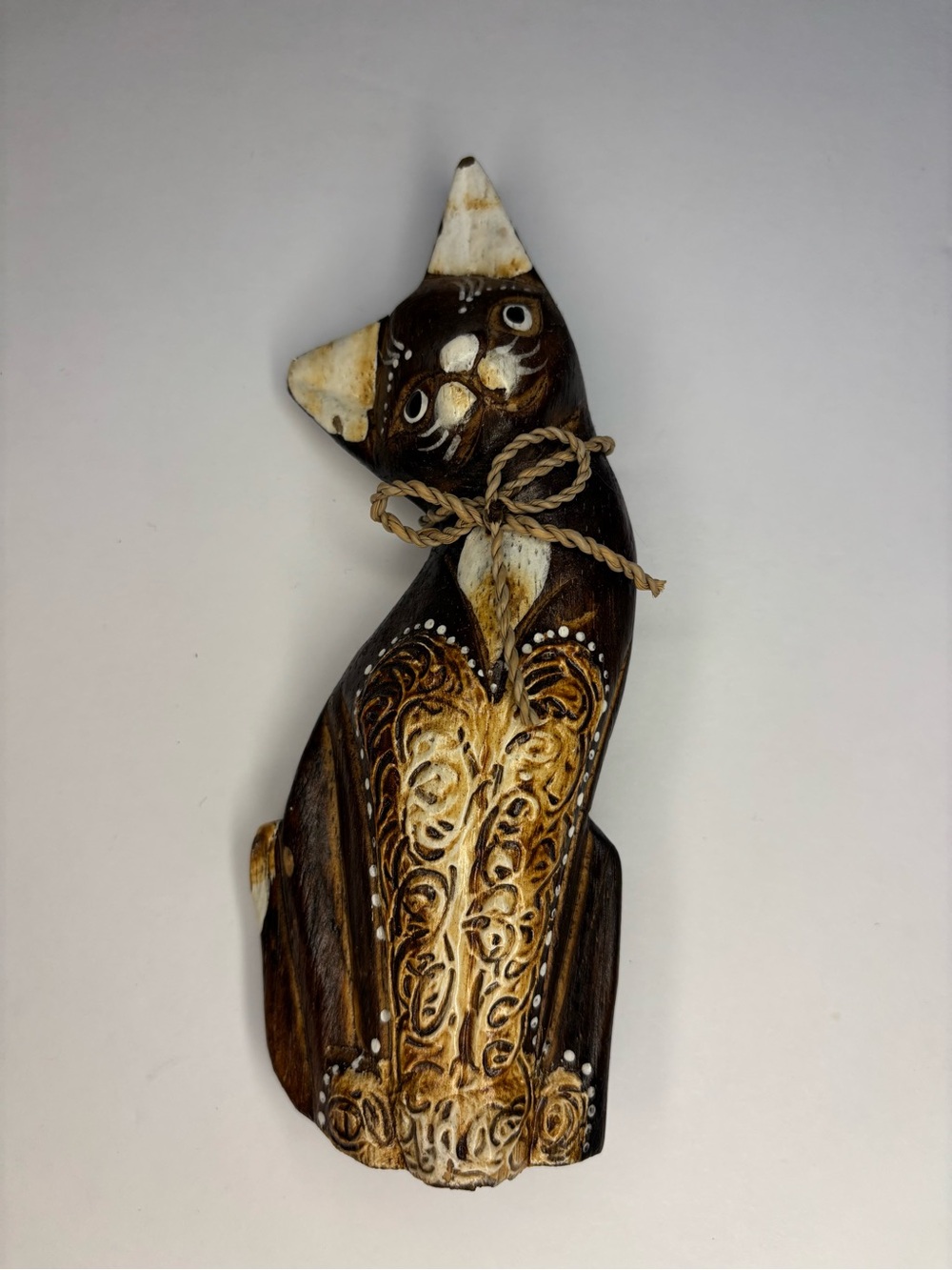 Hand Carved Wood Cat Figurine Folk Art Painted Floral Rustic Decor 6"